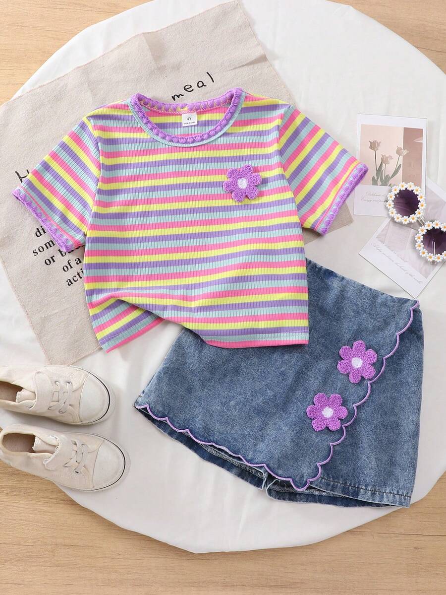 SHEIN Elladie kids 女童兩件式春夏套裝，圓領T恤搭配牛仔裙褲套裝，刺繡設計，簡約時尚短袖短褲套裝