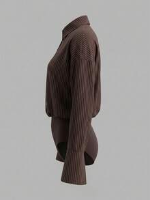 Cévolie 女款休閒日常通勤百搭條紋連身衣 - 巧克力棕 - 查看 3