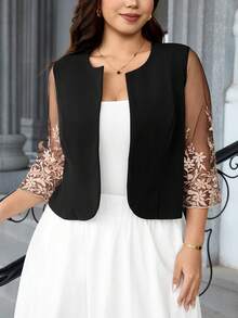 Reflora Chaqueta corta elegante con mangas de encaje en contraste para mujer talla grande, adecuada para uso diario - Negro - Ver 6