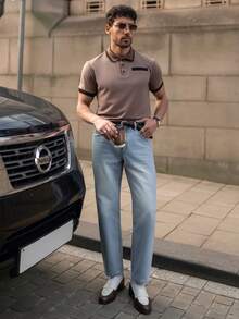 YOUESAWY YOUESAWY Camisa polo de manga corta de hombre casual minimalista con ribete de contraste - Café integral - Ver 3