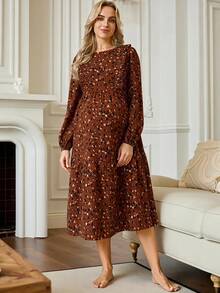 Slowluna Maternity Casual All-Over Print Ruffle Hem Nursing Dress Fall - Red - View 5