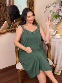 Côtesoire Plus Size Lace Patchwork Solid Color Casual Knit Nightgown, Summer - Green - View 4