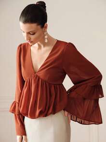 BELROSIE Romantic Elegant Floral Bud Hem V-Neck Semi-Sheer Chiffon Ruffle Bell Sleeve Blouse Tea Party Rusty Orange Autumn - Brown - View 6