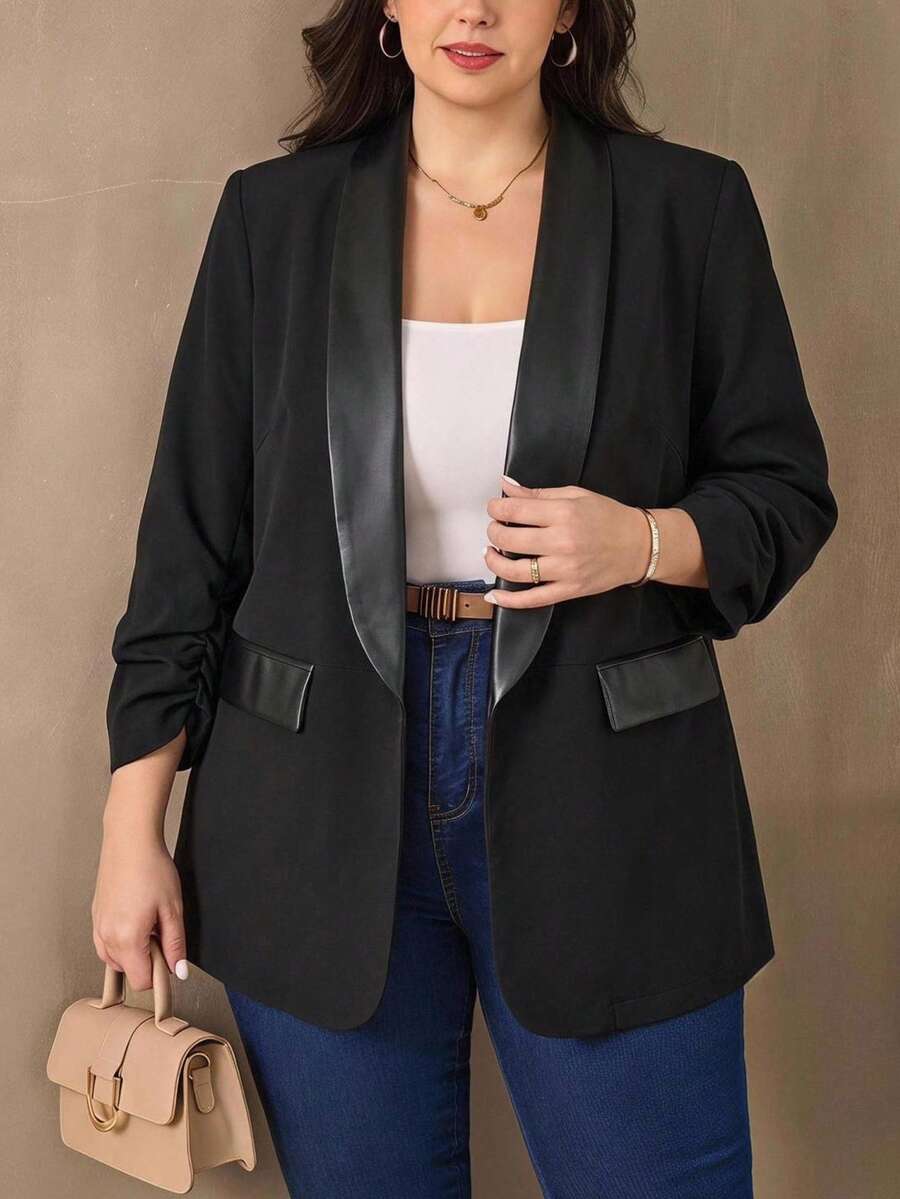 SHEIN Clasi 粉紅色大尺碼女款西裝外套,優雅通勤商務穿搭,秋冬商務休閒女裝 - 黑色 - 查看 1
