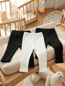 SHEIN Playful Pals 3pcs Baby Toddler Infants Girls Boys Casual Chic Ribbed Knit High Waist Soft Thick Leggings Pants Trousers Footless Tights Daily Autumn Winter Clothes - Multicolor - View 2