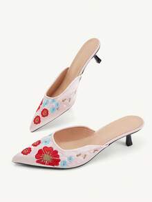 CUCCOO CHICEST New Chinese Embroidery Pointed Tip Thin Heel Medium Heel National Style Satin Pink Mules Shoes Hanfu Wear Festival Fall Shoes - Pink - View 4