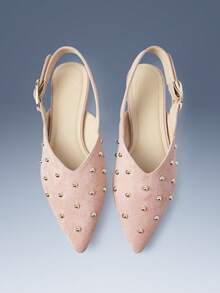 CUCCOO GRLICON Women's Pointed Toe Pink Suede Rivet Flat Shoes, Motorcycle Style For Cool Girls, Suitable For Spring/Summer, Vacation, Travel, 2000s Style - Pink - View 2