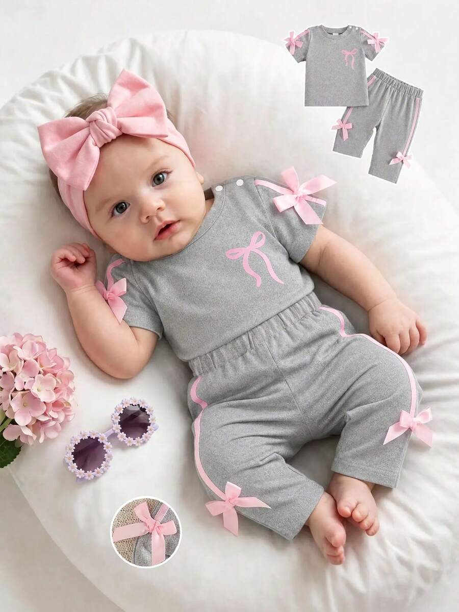 SHEIN 新生女嬰粉黑時尚套裝 短袖上衣 3D蝴蝶結可愛造型 0-9個月嬰兒適用