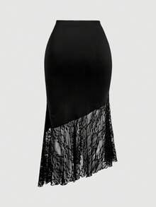 SHEIN MOD 大尺碼蕾絲拼接魚尾不對稱下擺裙 - 黑色 - 查看 5