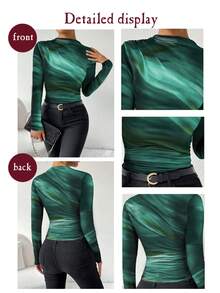 SHEIN LUNE Women Tie Dye Print Asymmetric Ruched Long Sleeve T-Shirt, Spring Summer Women Tops For Spring Fall - Green - View 8