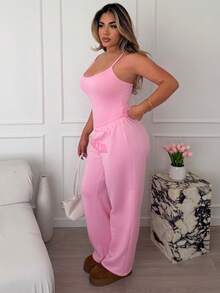 Maria Perezxox 2件組女款粉色運動細肩帶連身衣與泡泡印花波士頓Logo彈性緊身褲，夏季演唱會穿搭街頭風Y2K優雅造型 - 粉色 - 查看 5