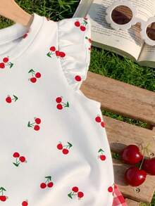 SHEIN LMoss Kids 女嬰休閒時尚卡通圖案可愛荷葉袖圓領上衣，適合春夏穿著 - 彩色 - 查看 3