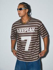 Men's Loose Fit #7 Striped T-Shirt, Retro American Street Style Casual Short Sleeve Top - Brown - View 4