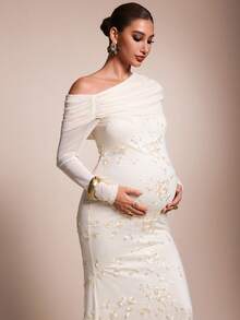 MaterniChic Elegant Maternity Decent Fitted Long-Sleeved Floral White Dress Embroidery Asymmetric Neckline Autumn Fall Wedding Photoshoot Baby Shower - Apricot - View 6