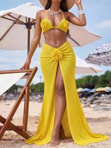 Swim Vcay 女款 3D 花卉裝飾短版掛脖上衣與開衩下擺裙性感兩件套 夏季 - 黃色 - 查看 3
