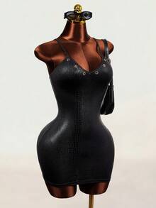 Mistrie Sexy Black Spaghetti Strap Bodycon Mini Dress - Black - View 5
