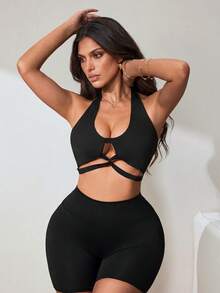 Slayform Women's Solid Color Casual Versatile Daily Sports Halter Tank Top - Black - View 3