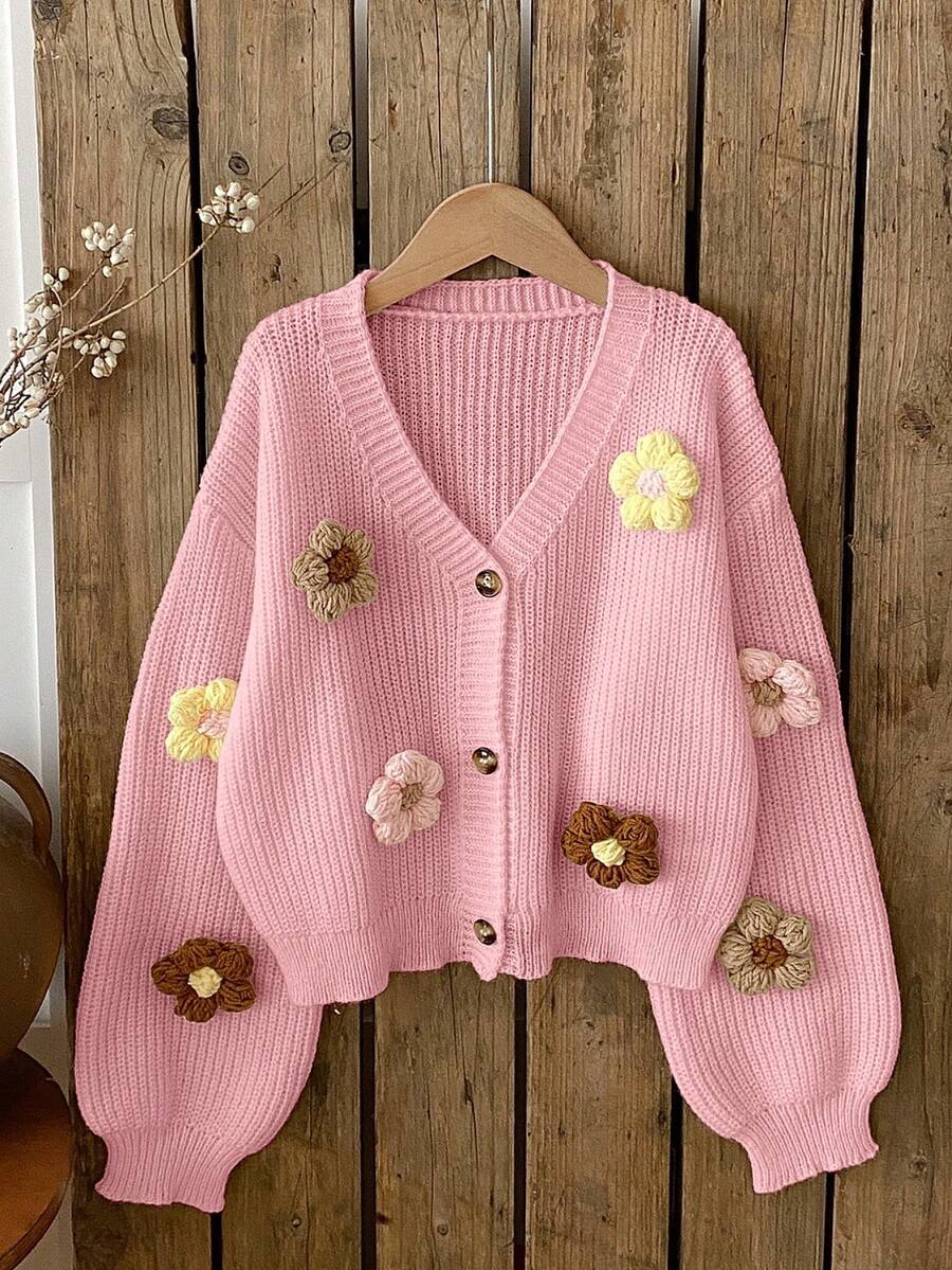 SHEIN Vintaside Kids Sweet Cute 3D Colorful Floral Apricot Autumn/Winter Girls' Cardigan Sweater - Pink - View 1