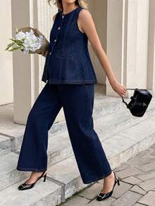 MaterniWear Maternity Crew Neck Single-Breasted Vest And Pants Casual Denim 2 Pieces Set - Dark Wash - View 9