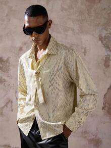 AKNOTIC Camisa de manga larga de un solo pecho con estampado de lámina de oro exquisita para hombres - Albaricoque - Ver 1