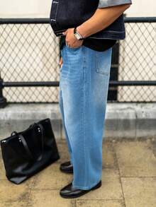 YOUESAWY YOUESAWY 1pc Vintage Washed Loose Fit Wide Leg Men's Jeans, Non-Stretch, Suitable For Casual And Work Wear - Light Wash - View 5