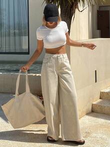 Livesso Tall Women's Solid Color Button Half-Placket Pocket Loose Straight Leg Vacation Style Jeans Summer - Beige - View 7