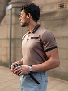 YOUESAWY YOUESAWY Camisa polo de manga corta de hombre casual minimalista con ribete de contraste - Café integral - Ver 6
