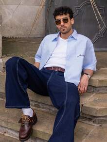 YOUESAWY YOUESAWY Men's Casual Woven Pocket Letter Embroidered Loose Short Sleeve Shirt Daily Essential Wardrobe Staple Basic Style All-Match Style Go-To Piece Mix-And-Match Item Casual Versatile Style  Premium Textured Fabric - Blue and White - View 5