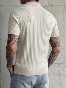 Manfinity Homme Men's Off-White Mature Style Short Sleeve Polo Sweater, Vertical Striped Knit With Embroidery - White - View 2