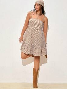 Nubod Nuovo abito estivo a trapezio con spalline sottili a quadri, elegante e alla moda per donna - Castano - Visualizzare 8