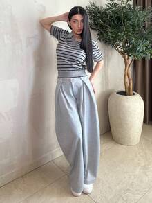 hhfernanda Women's Striped Pattern V-Neck Short Sleeve Wide Hem Knit Top, Casual Summer - Grey - View 4