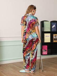 Chillnights Young Contrast Color Leopard Zebra Print Leopard Pattern Lapel Open Front Satin Short Sleeve Long Pants Women's Pajama Set - Multicolor - View 2