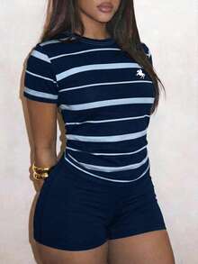 Slaydiva Casual Minimalist Dark Blue & Light Blue Color Block Striped Print Women's T-Shirt And Shorts 2-Piece Set - Multicolor - View 5