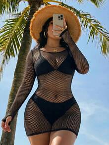 SHEIN Swim 2026新款性感浪漫長袖鏤空貼身洋裝，高彈力針織大尺碼罩衫 - 黑色 - 查看 4