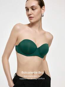 Bralution Bra Balconette Berkawat dengan Bantalan Warna Hijau Zaitun, Memberikan Dukungan Tinggi, Mengangkat dan Membentuk Belahan Dada, Tali Bahu yang Dapat Dilepas, Nyaman Dipakai - Dark Green - View 4