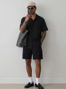 HUEFORM Conjunto de camisa y pantalones cortos de unicolor versátil y de moda para hombres - Negro - Ver 3