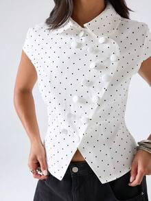 LYSMO Women's Polka Dot Lapel Casual Elegant Versatile Daily Wear Shirt Brunch White And Black Polka Dot Summer Going Out Tops For Women - White - View 5