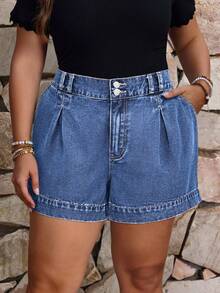 EMERY ROSE Plus Size Women's Pleated Pocket Casual Casual Formal Denim Shorts Carribean Navy Blue Summer - Medium Wash - View 3