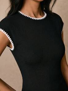 Poéselle 女款法式優雅刺繡對比色修身商務洋裝 - 黑色 - 查看 3