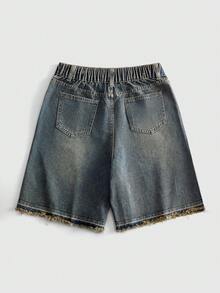 ROMWE MEN Street Life 青少年男孩夏季休閒水鑽牛仔短褲 - 藍色 - 查看 2