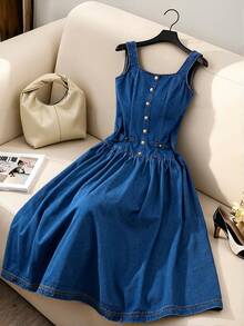 GlowEve Women's Button Ruched Casual Daily Denim Dress - Medium Wash - View 1