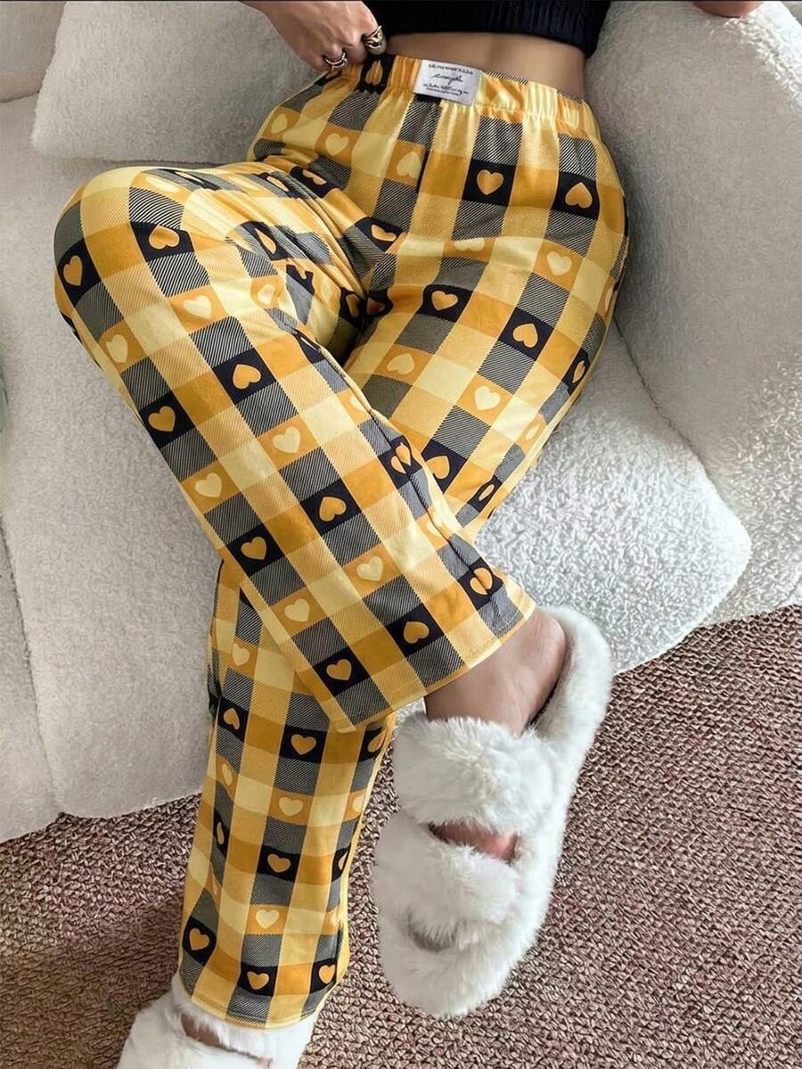 SHEIN Casual Underwear&Sleepwear 女款休閒粉色格紋印花腰帶標籤鬆緊腰直筒長款睡褲 - 黃色 - 查看 1