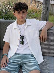 SHEIN 2pcs Teen Boy's Casual Versatile Comfortable Knit Texture Short Sleeve Shirt And Shorts Set Outfit Matching Set Squishy Vacation Holiday Graduation - Multicolor - View 2