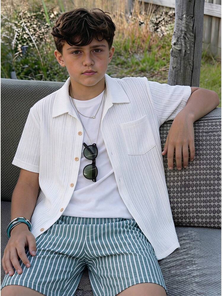 SHEIN 2pcs Teen Boy's Casual Versatile Comfortable Knit Texture Short Sleeve Shirt And Shorts Set Outfit Matching Set Squishy Vacation Holiday Graduation - Multicolor - View 2