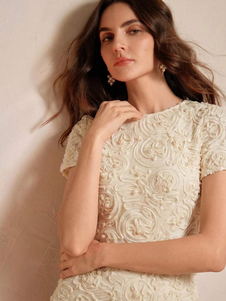 Anewsta Casual Elegant Pearl Floral Apricot Dress - Apricot - View 1