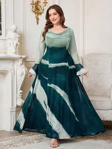 Reflora Plus Size Elegant Party Contrast Print Bell Sleeve Dress Fall - Multicolor - View 7