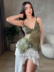 hhfernanda Women's Vacation Cashew Floral Print Ruffled Strap Camisole 4th Of July Women Cute Summer Top Going Out Top Green Top Women Boho Tank Top Casual - Army Green - View 4