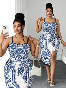 Maweii Rochie midi pentru femei mărimi mari, primăvară/vară, nouă, stil hot girl de vacanță, cu imprimeu floral albastru, bretele bandeau și talie cu șnur lateral, model slim, potrivită pentru vacanță la plajă, călătorii pe insule, fotografii de călătorie, îmbrăcăminte fashion stil hot girl - Multicolor - Vizualizare 1