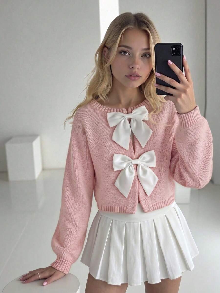 SHEIN Explorewe 女童時尚手工蝴蝶結針織開襟毛衣長袖 - 粉色 - 查看 1