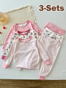 SHEIN 女嬰貼身睡衣套裝，波點花卉甜美可愛條紋粉色圖案，柔軟針織圓領長袖套頭上衣，鬆緊腰長褲，3件套，百搭舒適 - 粉色 - 查看 9